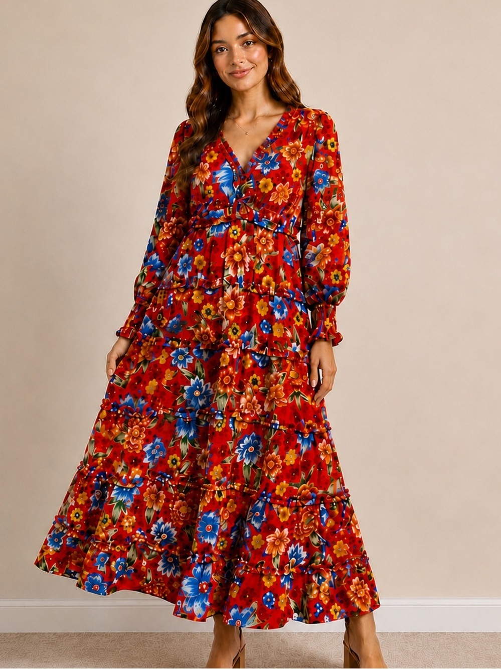 Chelsea & Violet Red Floral Tiered Maxi Dress with Long Sleeves